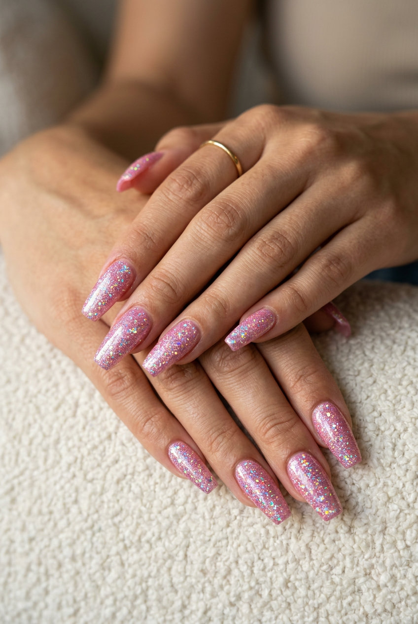 Pink Summer Nails 2026: Bubblegum Glitter Bomb Playful bubblegum pink holographic glitter bomb nails for pink summer nails 2026. Energetic beach party style.