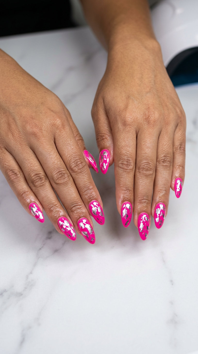 Pink Summer Nails 2026: Hot Pink Abstract Foil Edgy hot pink abstract foil nails for pink summer nails 2026. Perfect for parties and creative events.