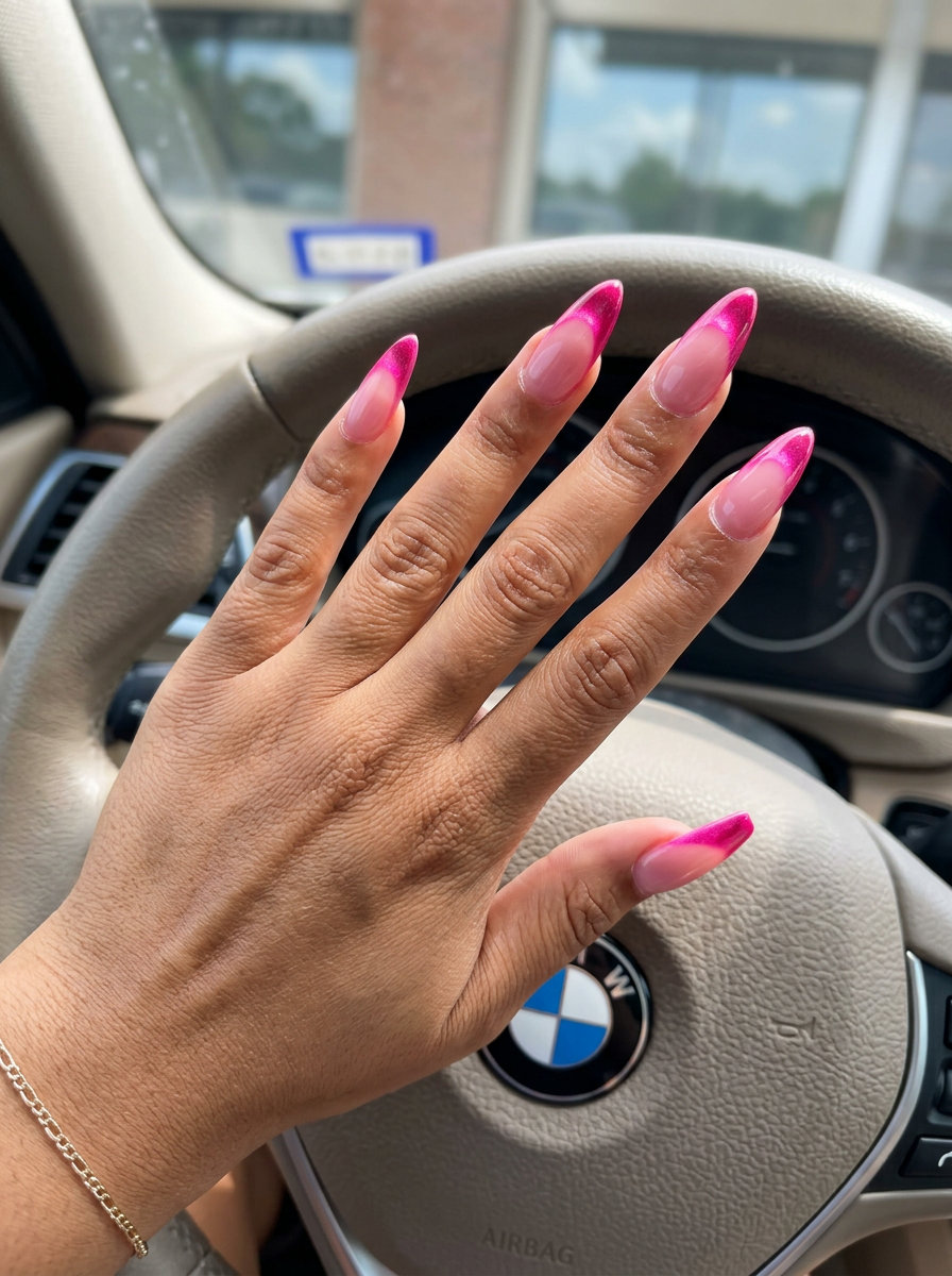 Pink Summer Nails 2026: Hot Pink Cat-Eye French Sultry hot pink cat-eye French nails for pink summer nails 2026. Bold date night or party style.