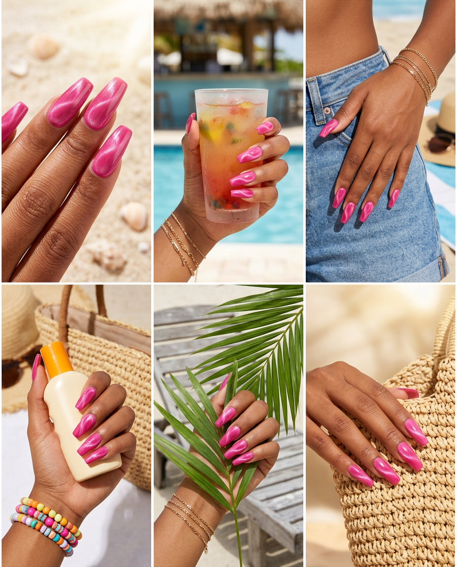 Hot Pink Summer Nails 2026: Cat-Eye Festival Style Hot pink cat-eye swirl nails for pink summer nails 2026. Vibrant pink with magnetic shift, perfect for parties.