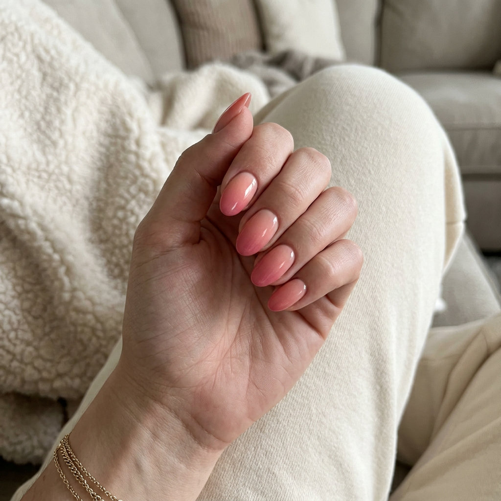 Peach Pink Summer Nails 2026: Gradient Elegance Peach pink airbrushed gradient nails for pink summer nails 2026. Soft peach to rose pink, high-gloss finish.