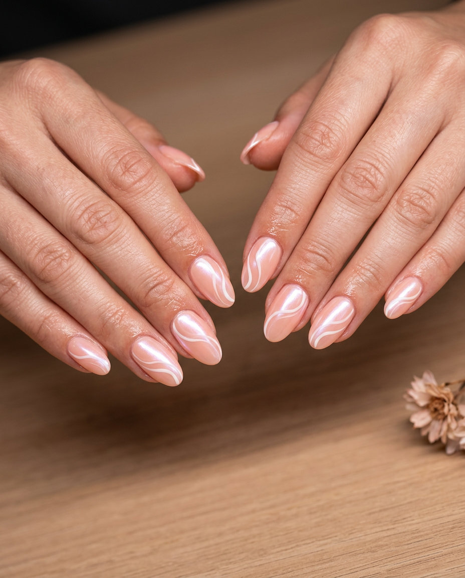 Romantic Pink Summer Nails 2026: Pearlescent Swirls Peach pink pearlescent swirl nails for pink summer nails 2026. Romantic swirls with a luminous sheen.