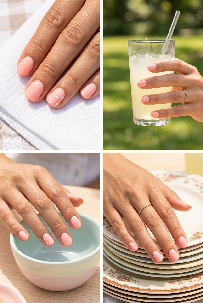 Playful Pink Summer Nails 2026: Polka Dot Accents Peach pink polka dot accent nails for pink summer nails 2026. Playful dots on a soft pink base.
