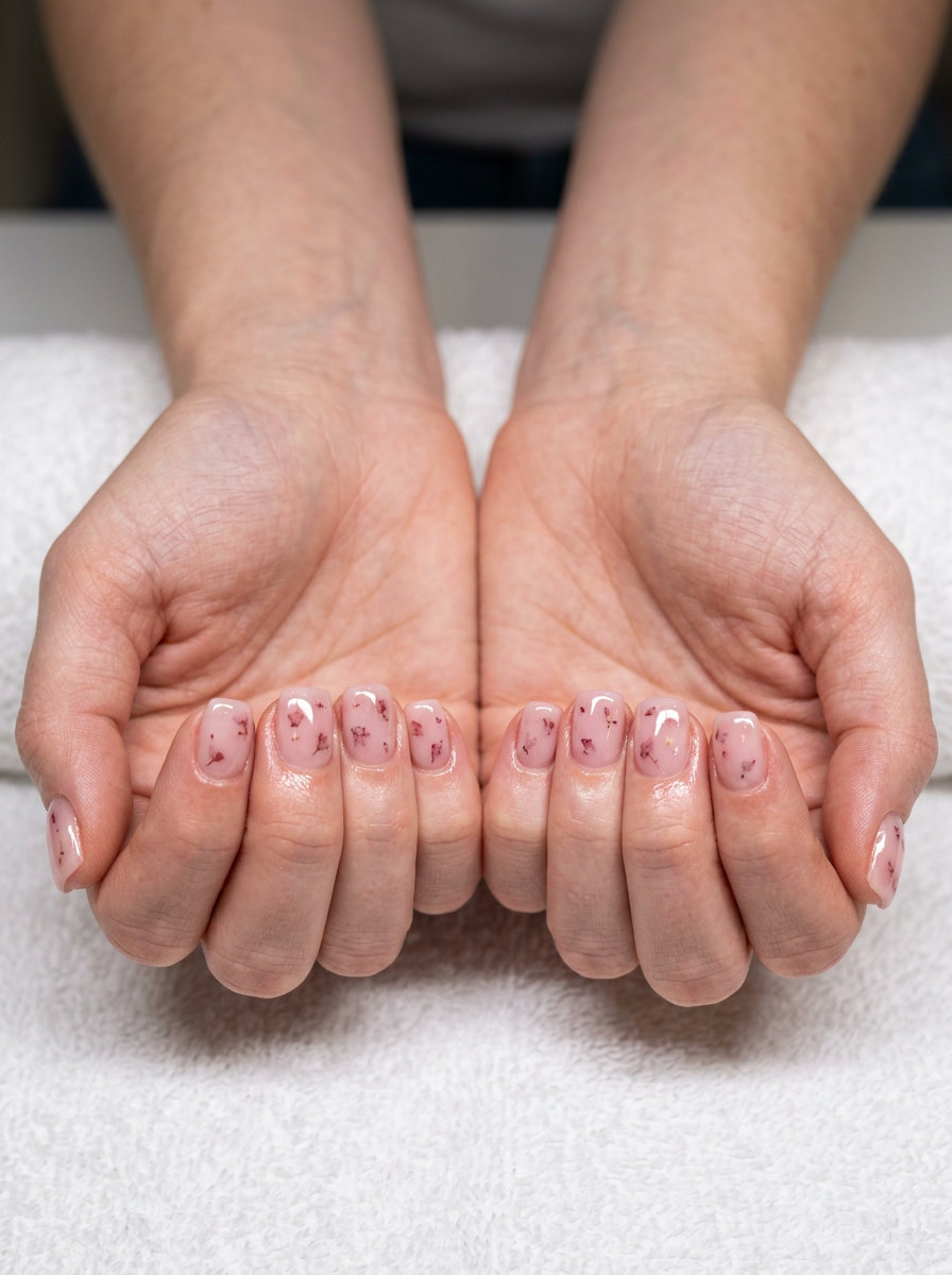 Boho Pink Summer Nails 2026: Milk Bath Blooms Bohemian rose milk bath bloom nails for pink summer nails 2026. Sheer pink with dried flowers, ideal for weddings.