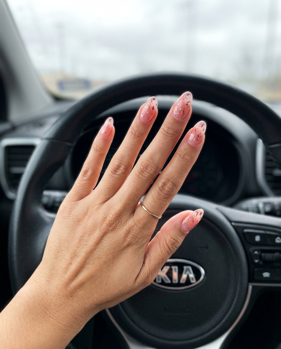 Pink Summer Nails 2026: Sheer Pink & Rose Gold Elegant sheer pink jelly nails with rose gold foil for pink summer nails 2026. Sophisticated vacation style.