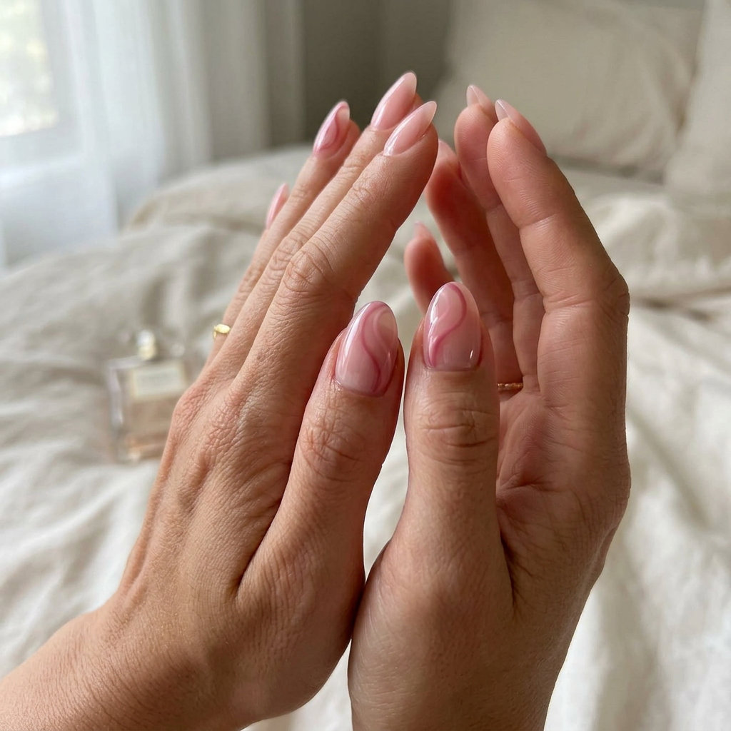Rose Swirl Nails 2026 | Wedding Guest & Bridal Style Sheer Rose Negative Space Swirls for weddings and summer events. Pink summer nails 2026.