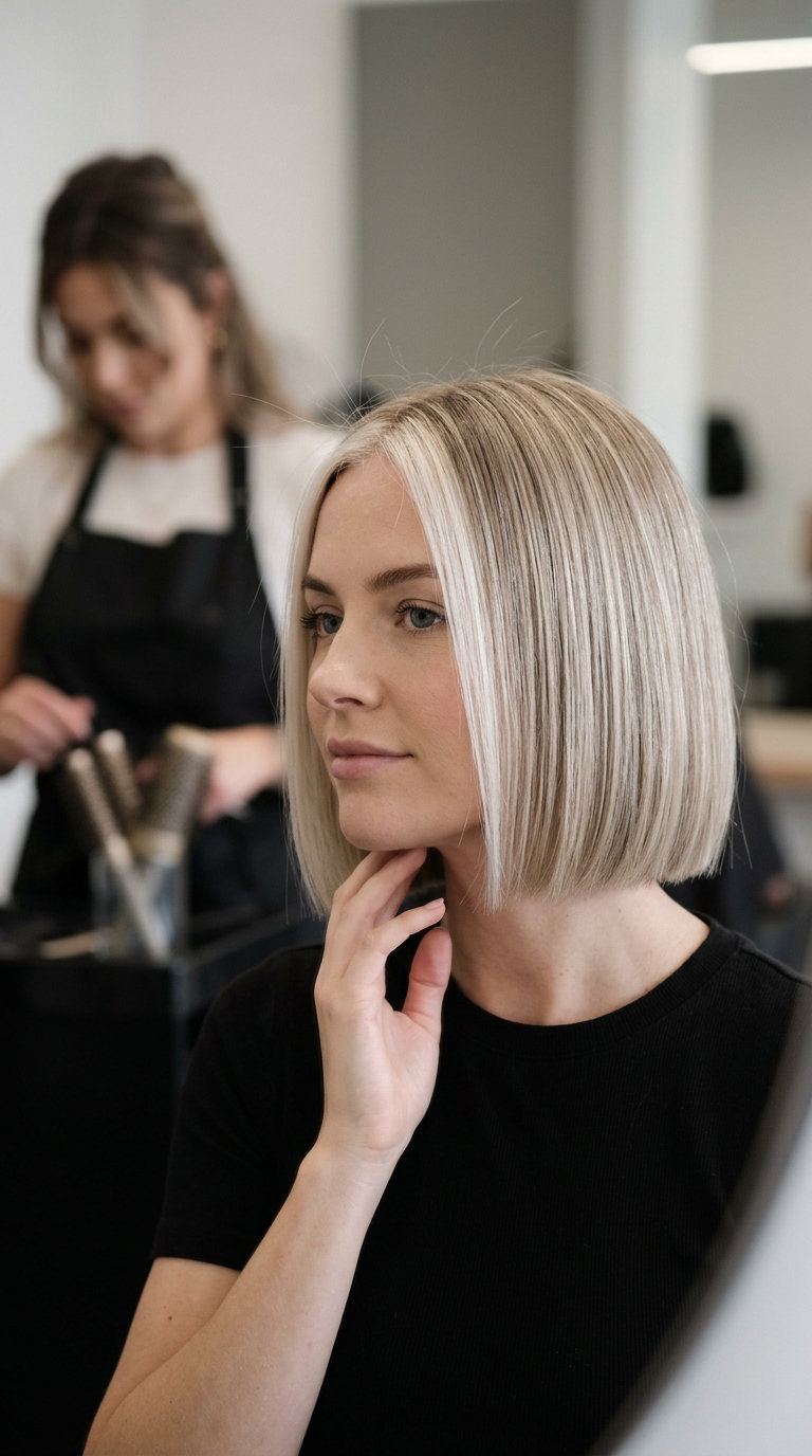 chin-length blunt bob haircut in platinum blonde with ash blonde base and sharp perimeter for summer