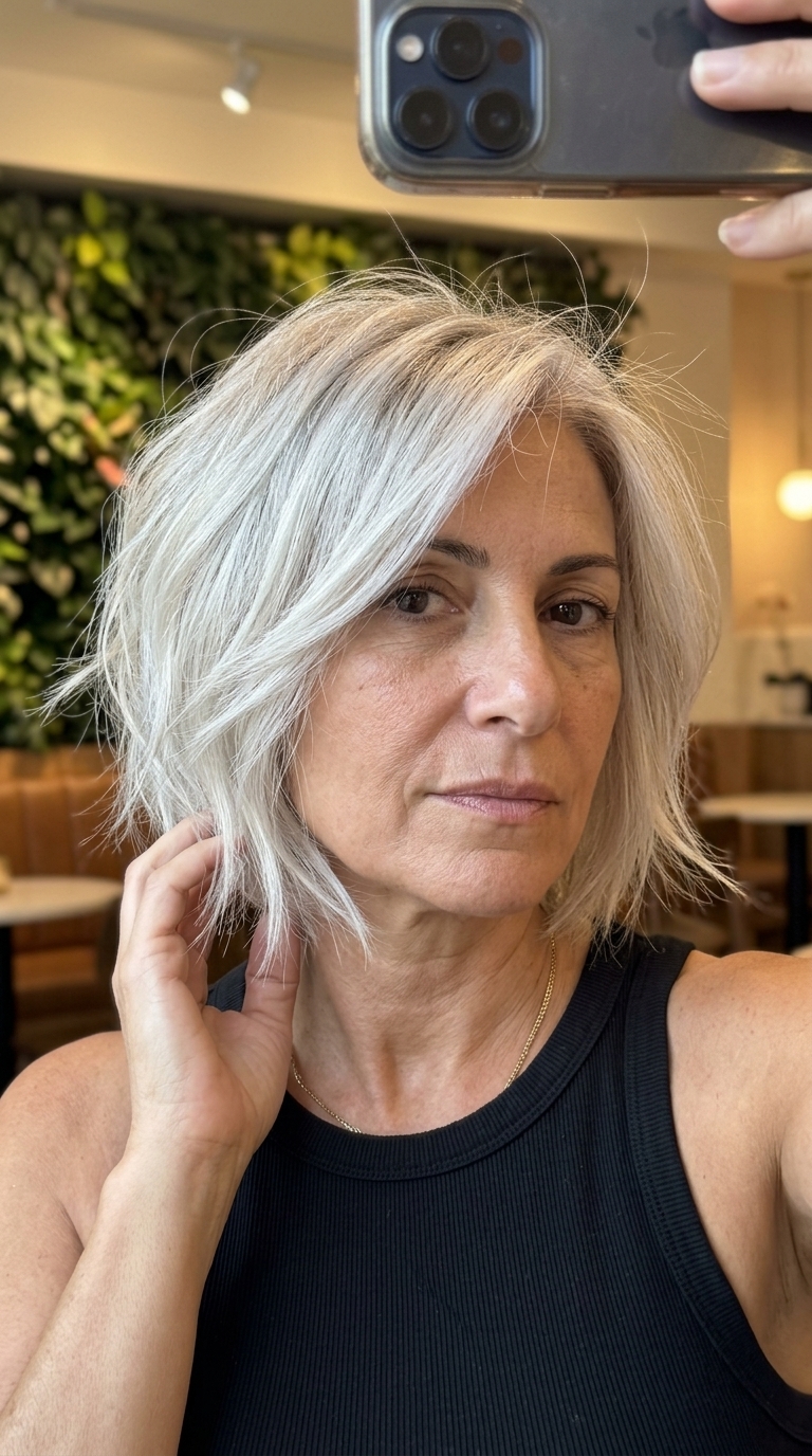 chin-length bob haircut in icy platinum blonde with silver undertones, textured perimeter, sweeping fringe — edgy glamorous