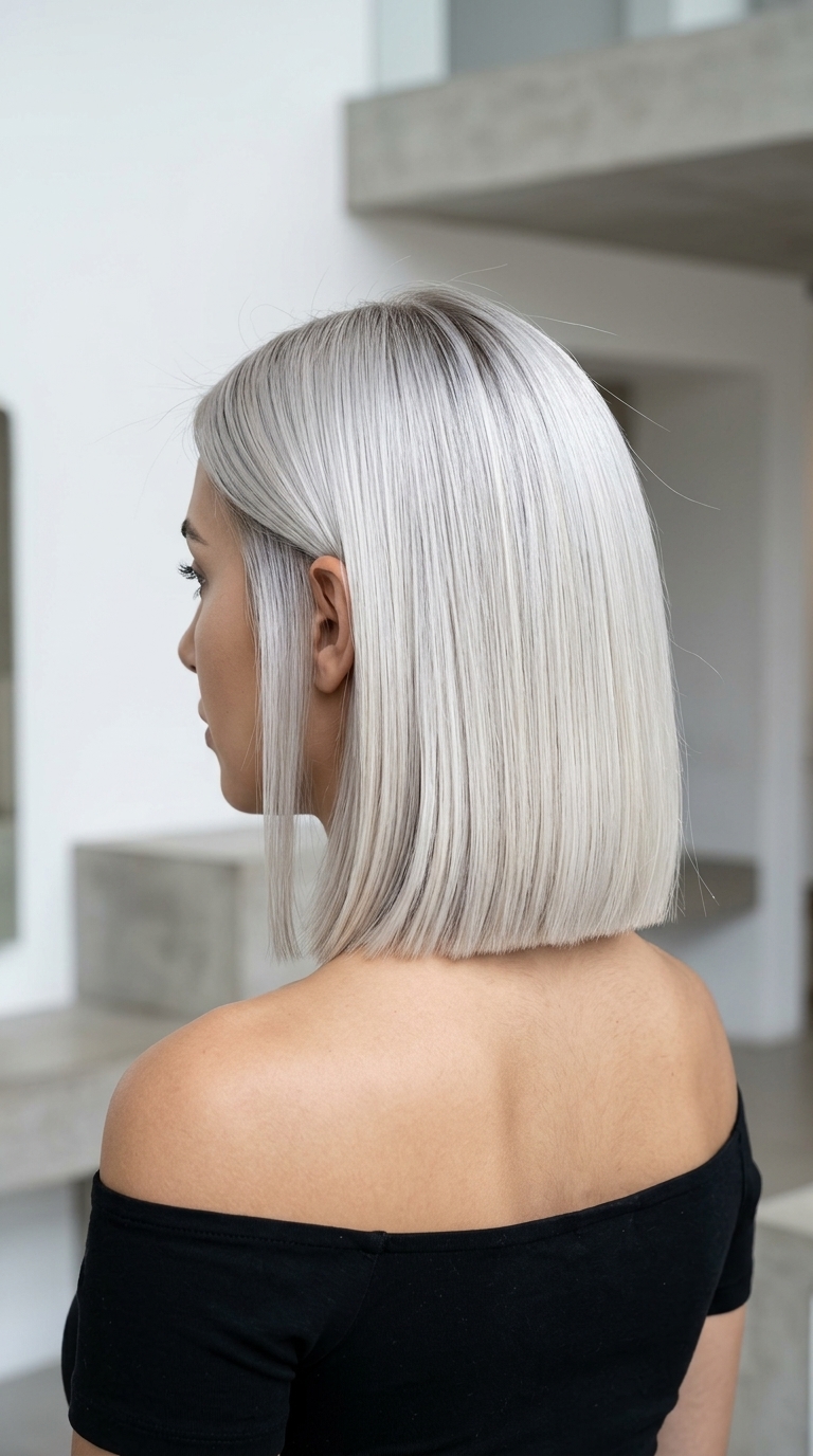collarbone-length lob haircut in platinum blonde with silver undertones, ash shadow root, no bangs — sleek summer look