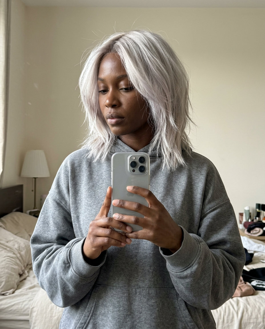 medium textured haircut icy platinum blonde with silver undertones, piecey layers — edgy avant-garde