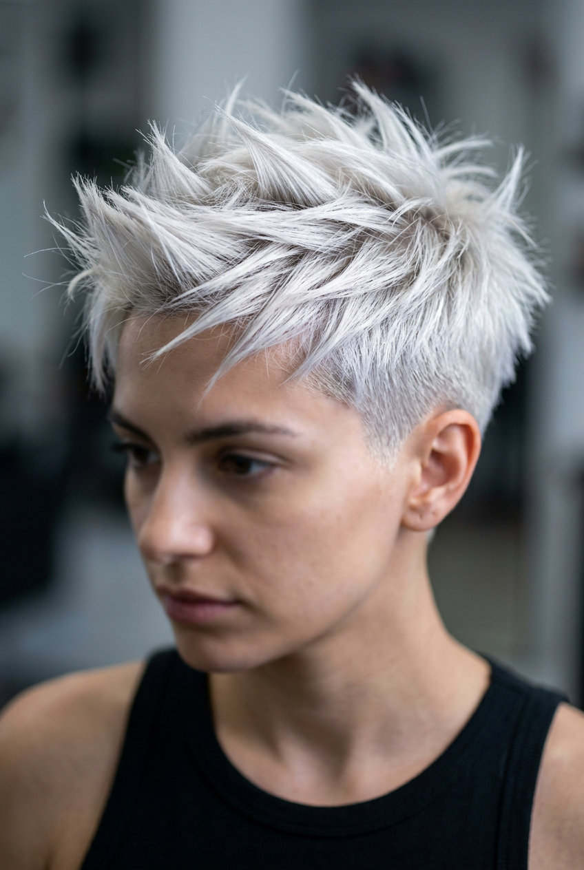 very short pixie haircut in bright platinum blonde with silver undertones, razored and point-cut for spikes — edgy and rebellious