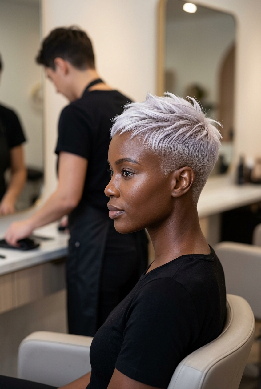 very short buzz pixie haircut in icy platinum blonde, faded sides and textured top — bold and edgy