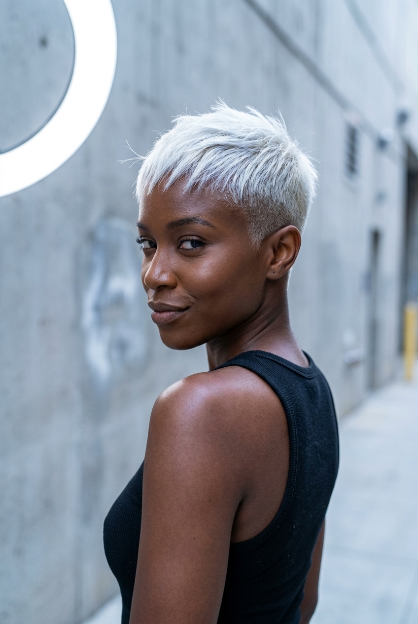 very short buzz pixie haircut in icy platinum blonde, buzzed sides and short textured top — edgy and rebellious