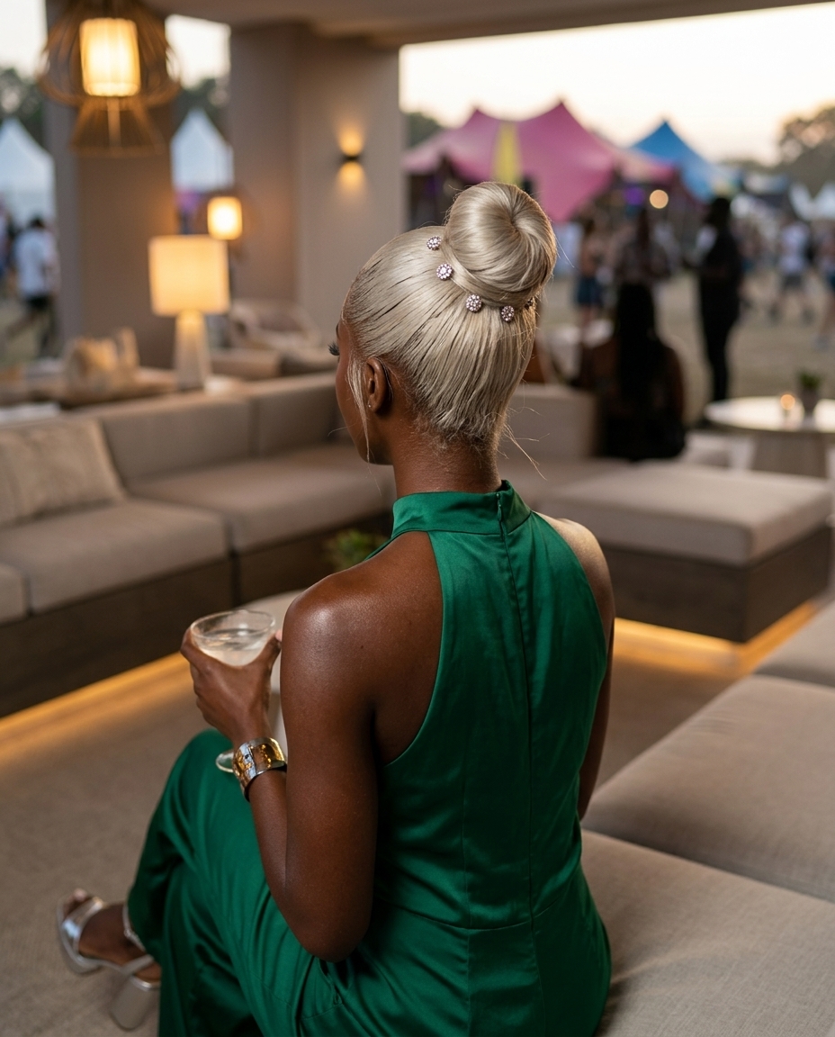 long sleek bun with icy platinum blonde, silver jewel pins, no fringe — glamorous festival look