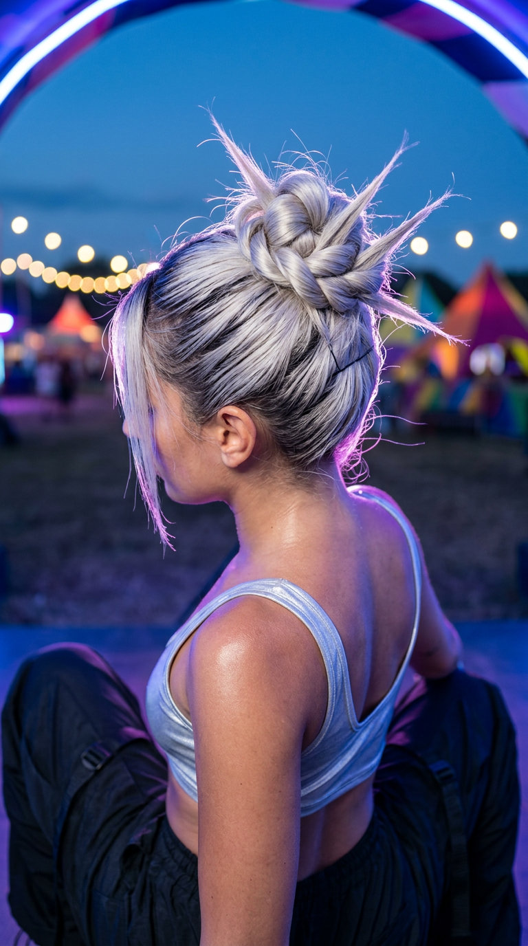 medium icy platinum blonde spiky bun with silver reflects for music festival