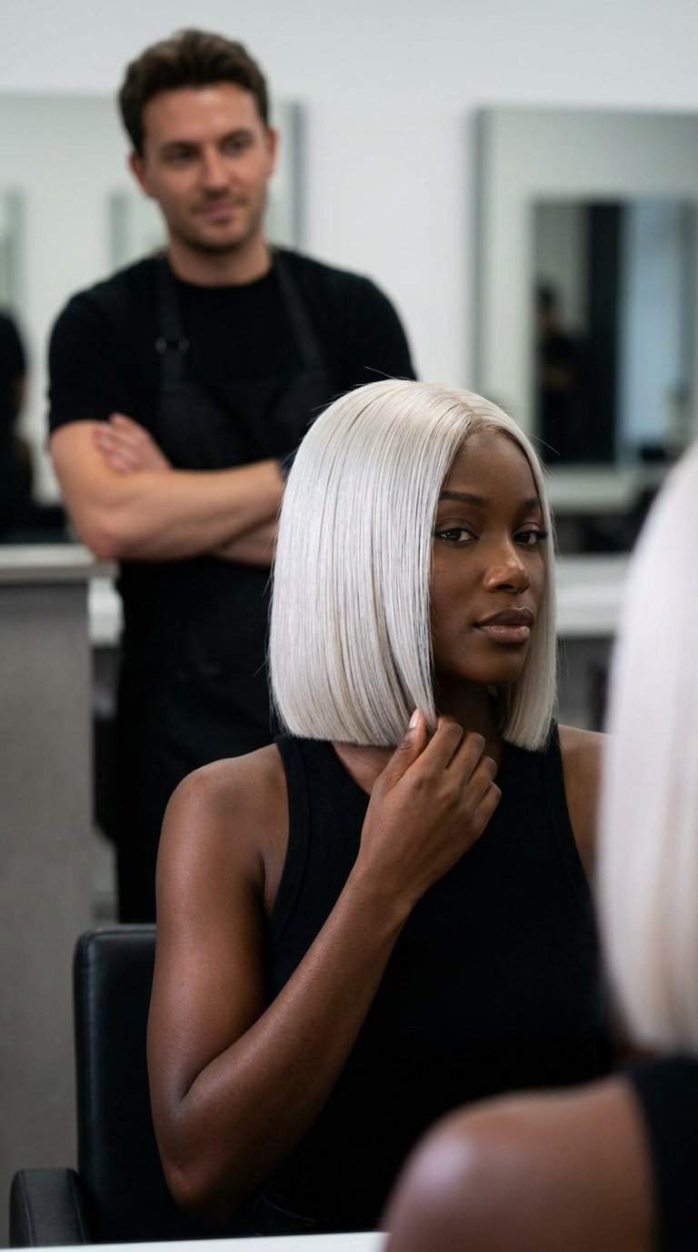 short platinum blonde blunt bob with a sharp graphic line for high-fashion events