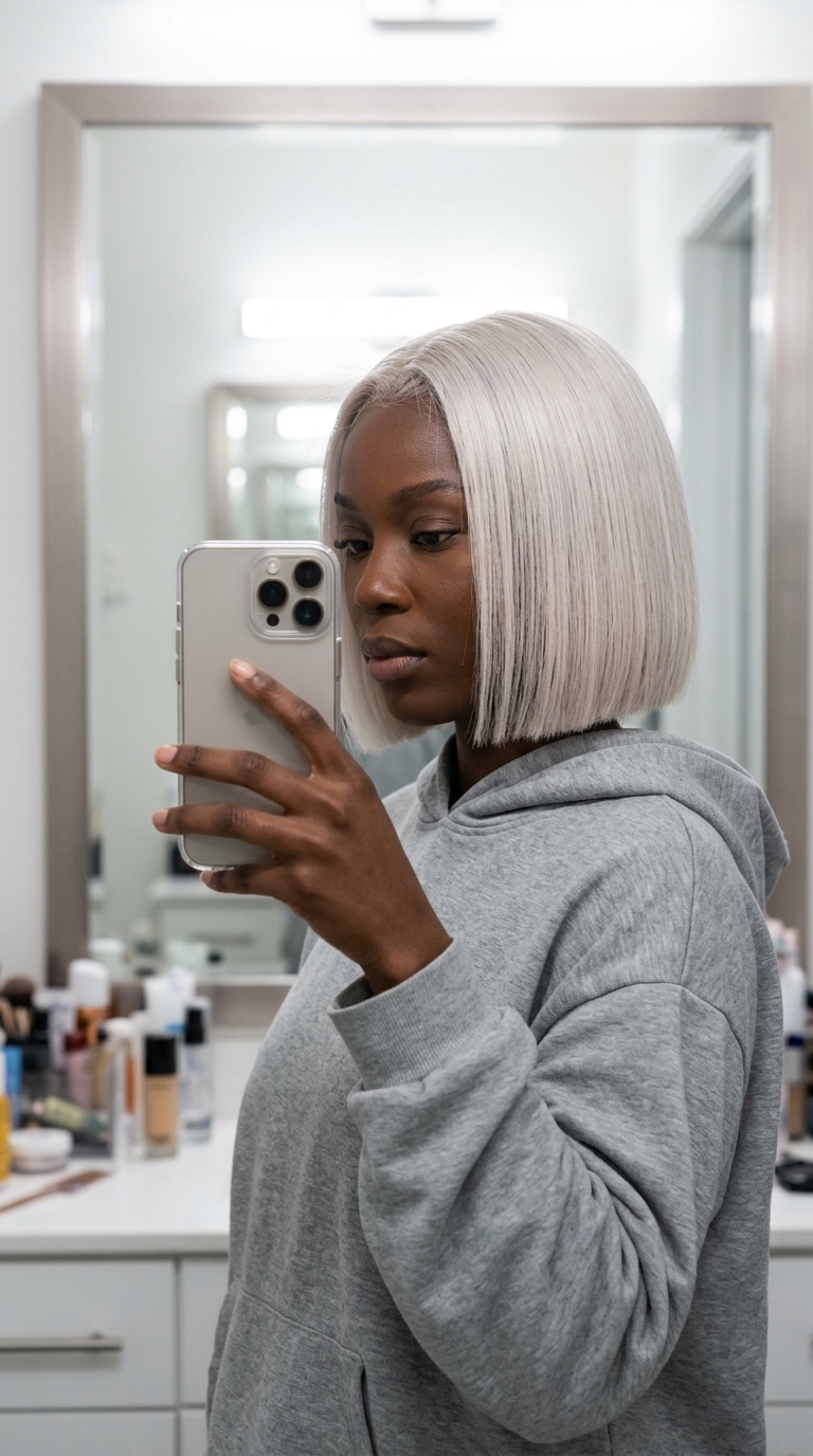 short blunt bob with icy platinum blonde, sharp ear-to-jawline perimeter, no fringe — bold avant-garde