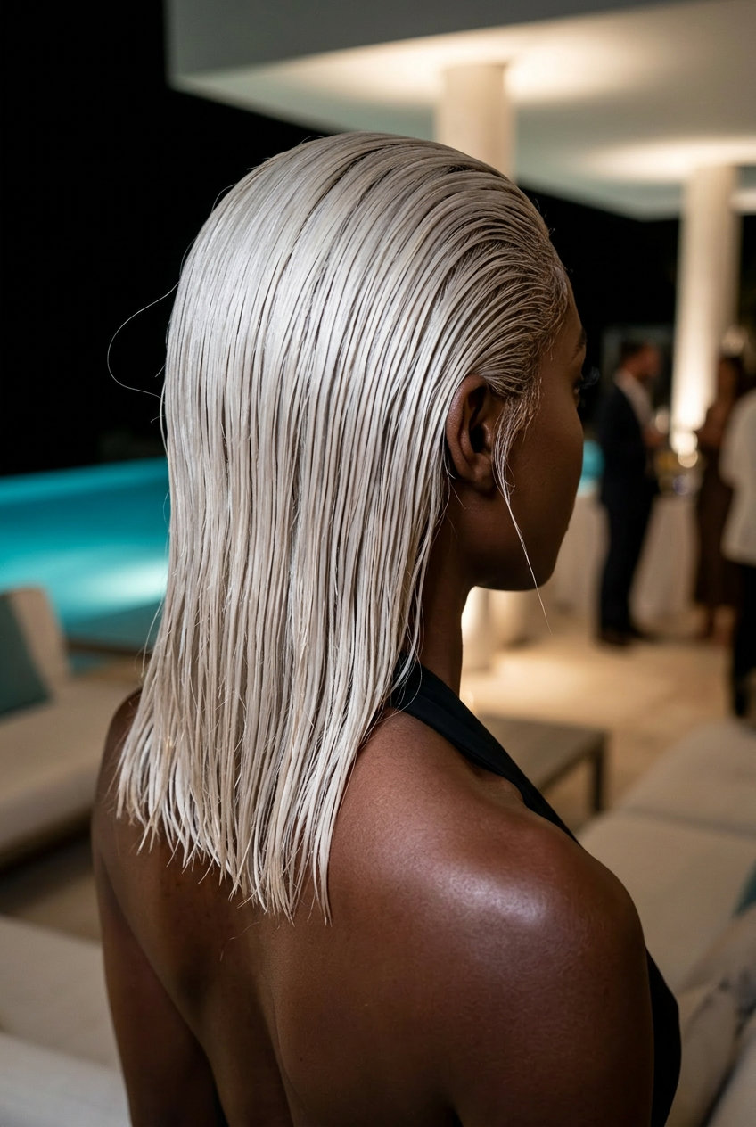 short bob haircut with platinum blonde and icy white, wet-look finish, no fringe — bold avant-garde style
