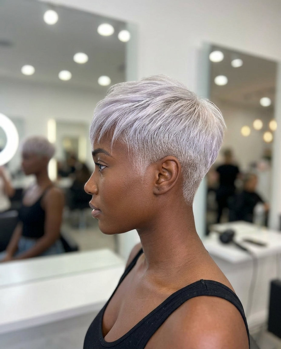 Summer 2026 Bold Platinum Pixie Fade with Violet Tones short pixie haircut with platinum blonde color, violet undertones, clipper fade β bold edgy 2026