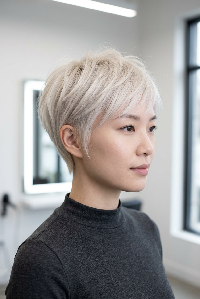 short pixie haircut with platinum blonde, Scandi hairline, tapered nape for fashion event
