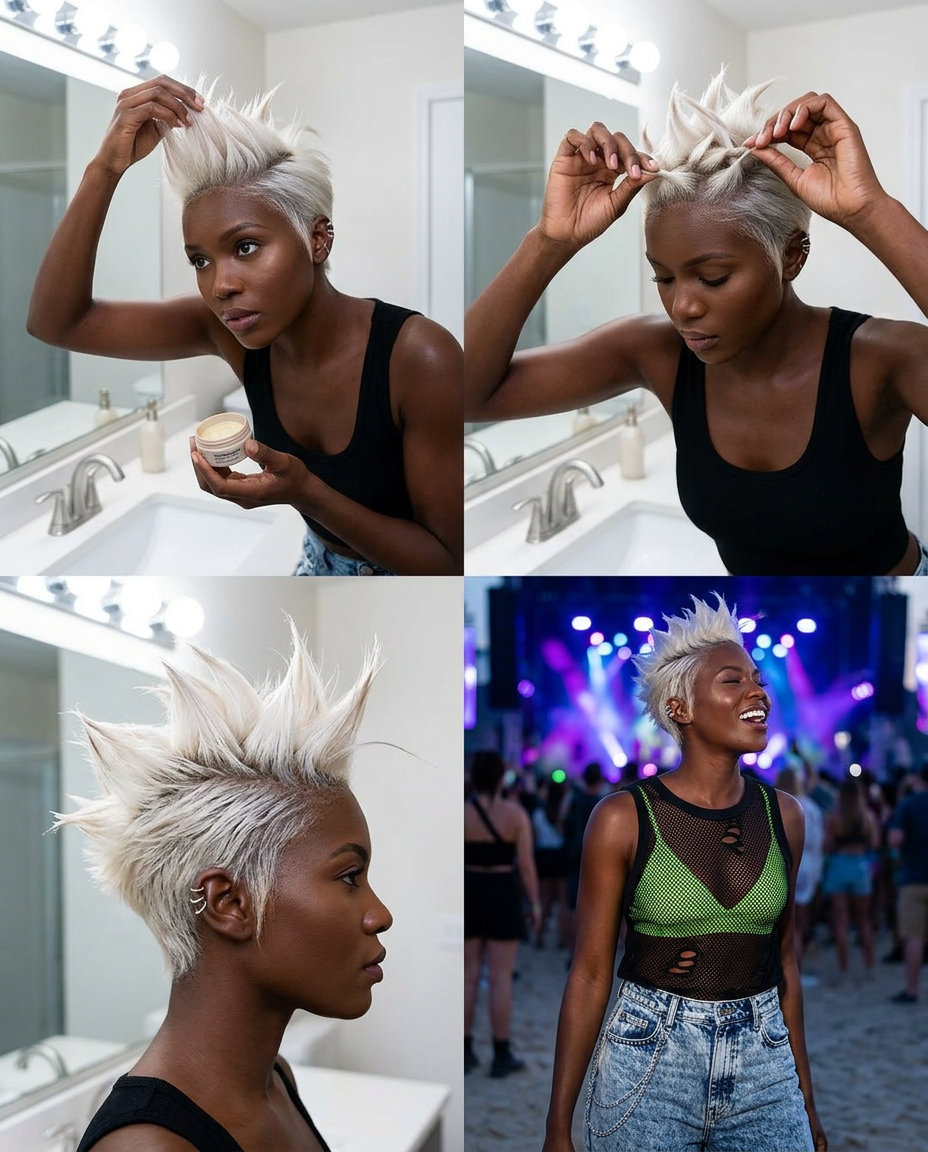 Festival Spiky Pixie Hairstyles 2026 short icy platinum blonde pixie with sharp spikes and edgy texture for music festival