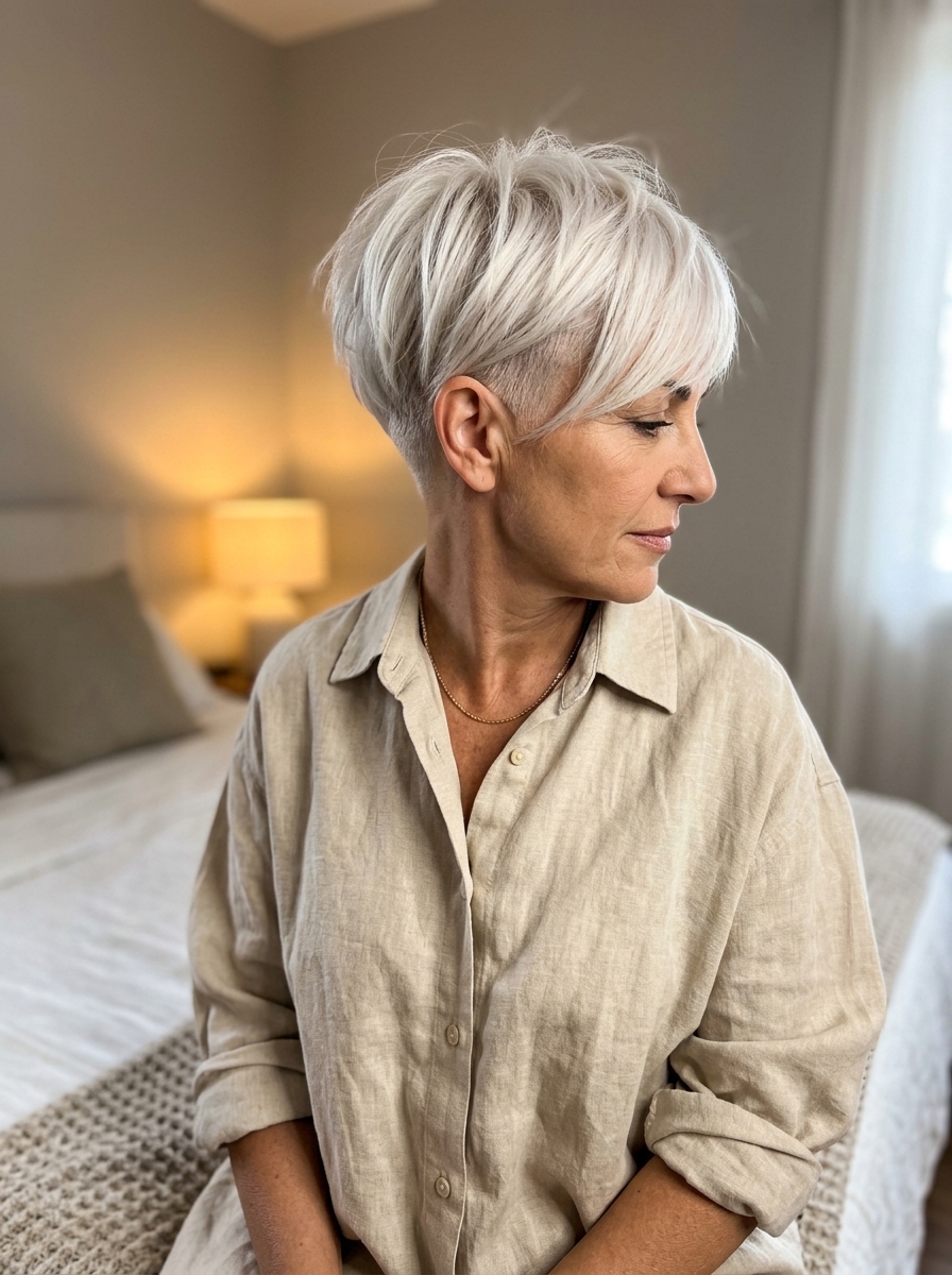 short pixie haircut with icy platinum blonde hair and undercut, side-swept fringe — edgy modern style