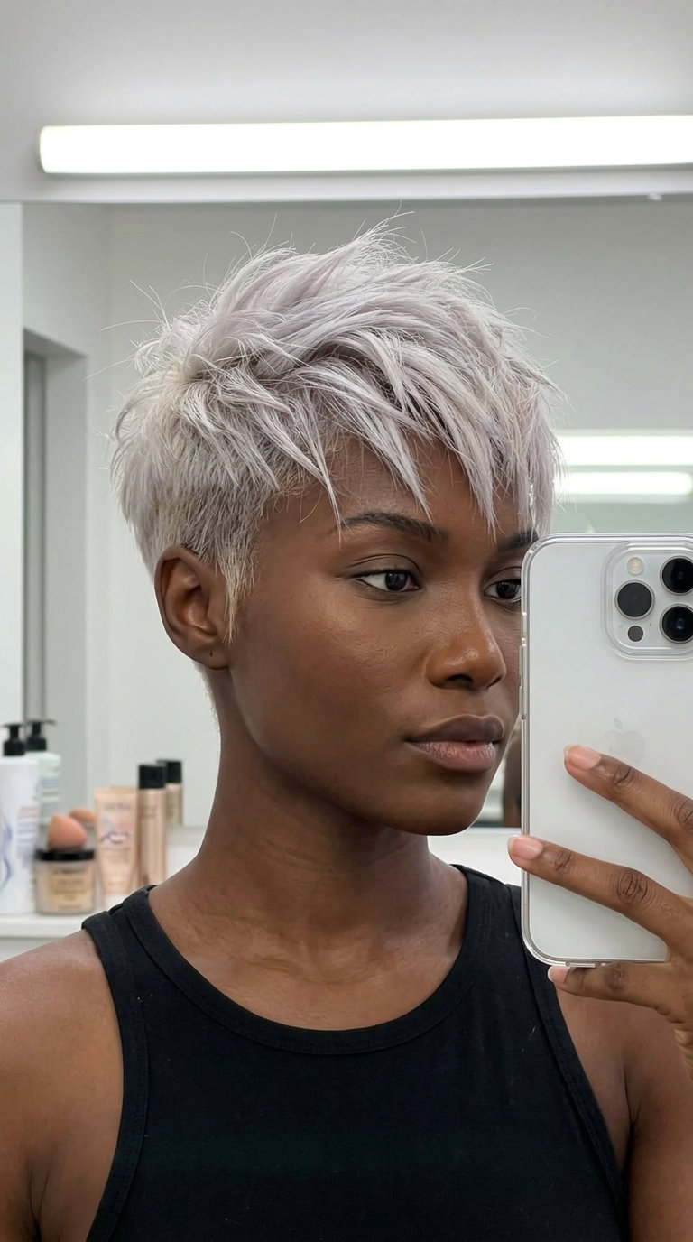 Platinum Pixie Cut 2026: Edgy & Modern short platinum pixie haircut with icy blonde color, razored texture, no bangs β edgy and modern
