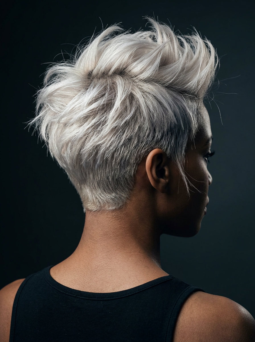 very short pixie haircut with icy platinum blonde and cool root smudge, textured layers and micro-fringe for summer