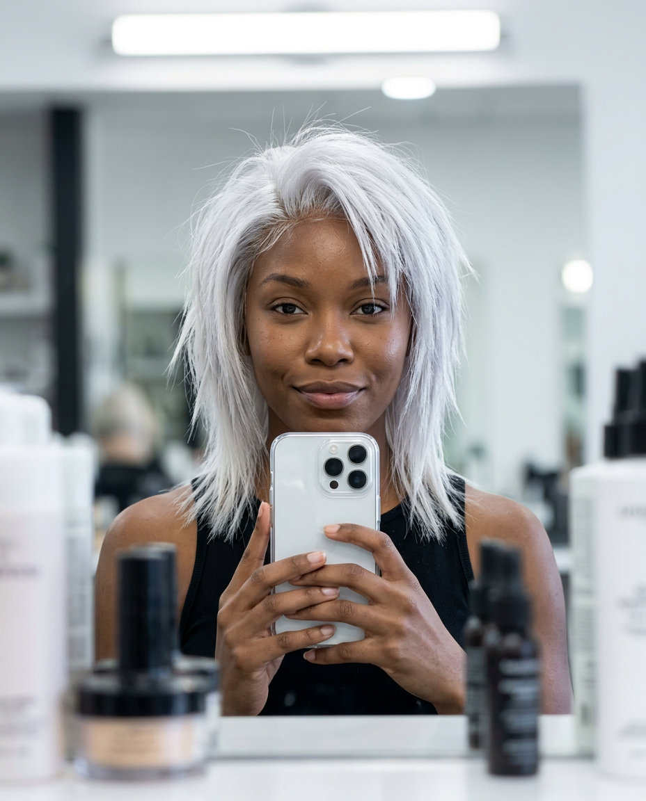 short razored pixie cut with icy platinum white and cool silver undertones for festival