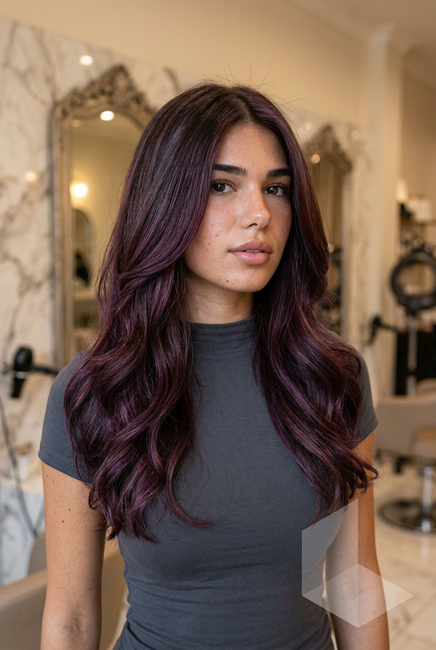 long layered hair with plum balayage, violet undertones, face-framing layers — romantic