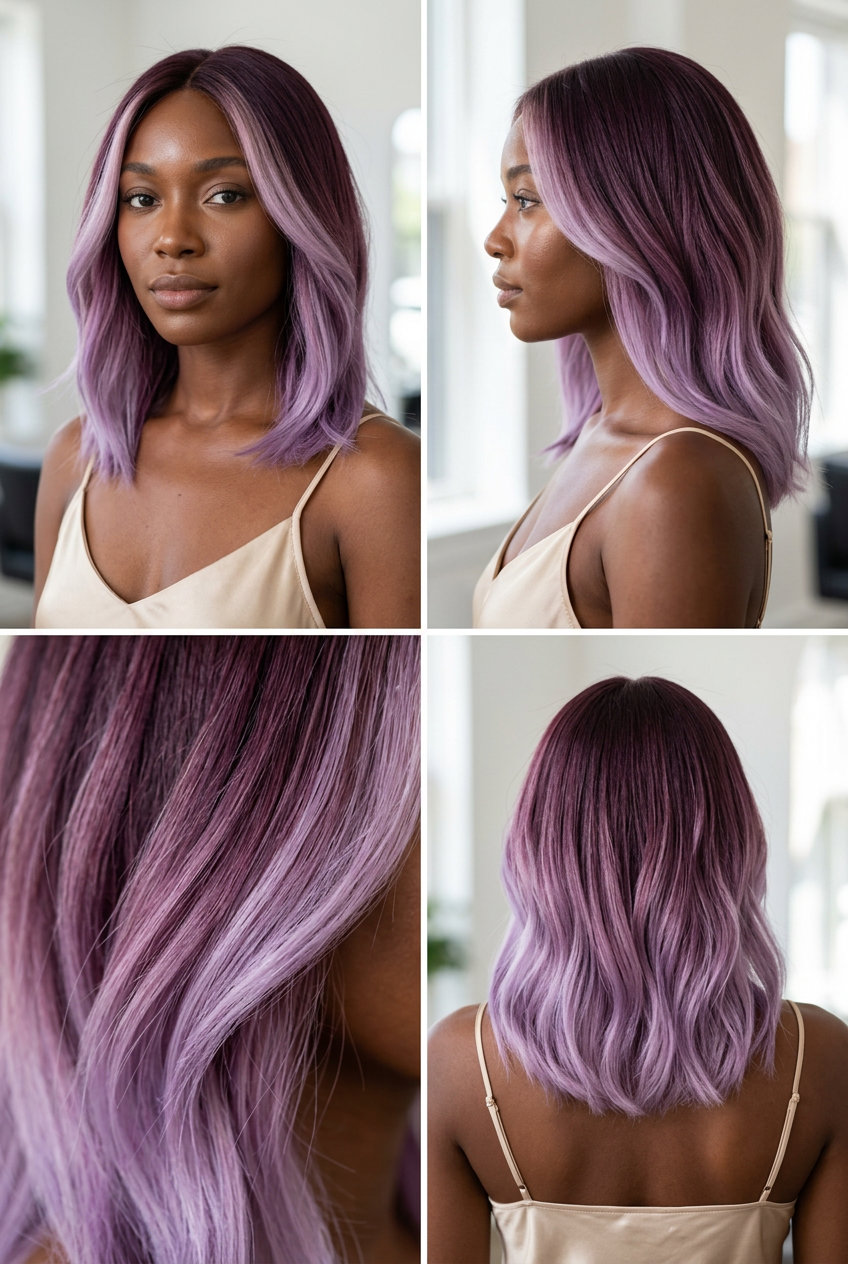 Plum Purple Highlights Color Melt 2026 deep plum purple highlights with pastel lavender, color melt technique for summer 2026