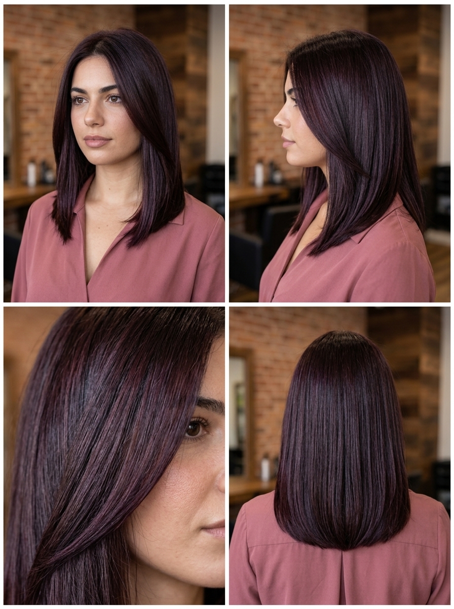 medium blunt cut hair color with dark brunette and deep plum violet-red undertones for evening events