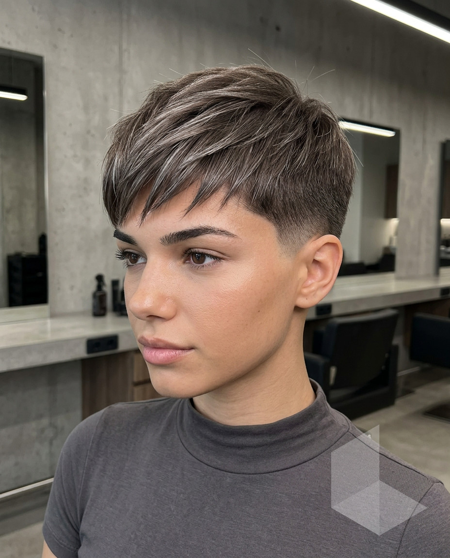 short sculpted crop with iced mocha mushroom and silver-ash micro-lights, textured layers — edgy