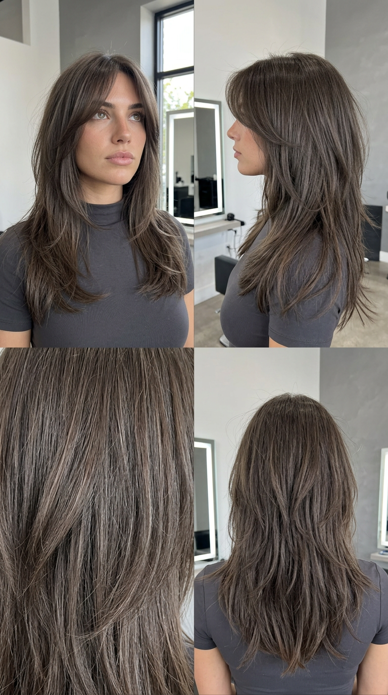 long smoky charcoal mushroom brown hair color with ash lowlights, shag layers, wispy bangs — edgy
