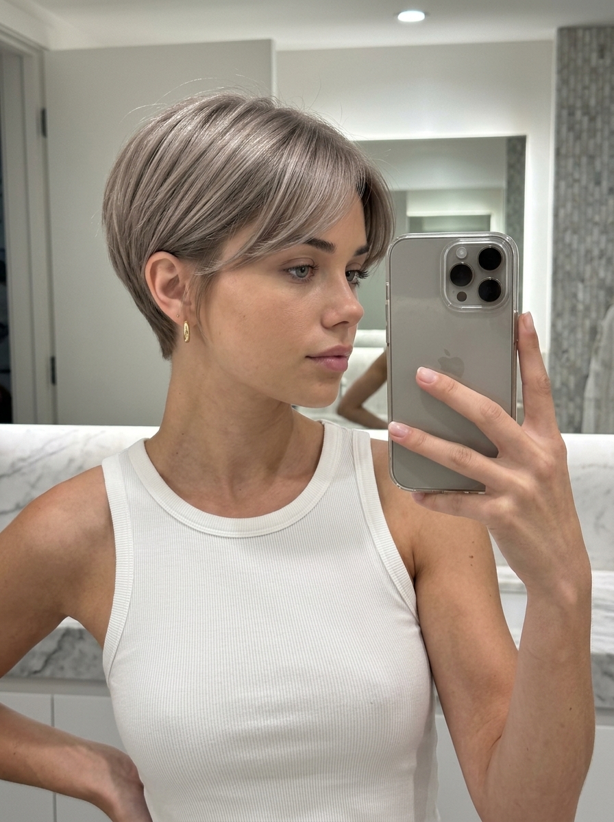 very short oatmilk mushroom hair color with beige-gray gloss, tapered sides, side-swept fringe — minimalist