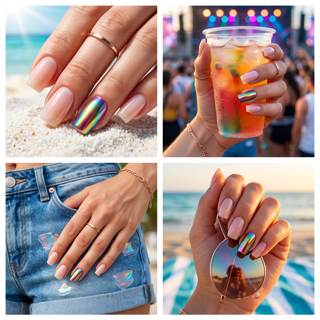 Metallic rainbow accent almond nails for summer rainbow nails 2026. Glamorous nude with chrome shift.