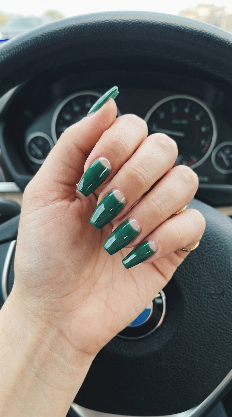 Pretty green nails 2026: Deep emerald reverse French with nude accent, chic for formal events and date nights.