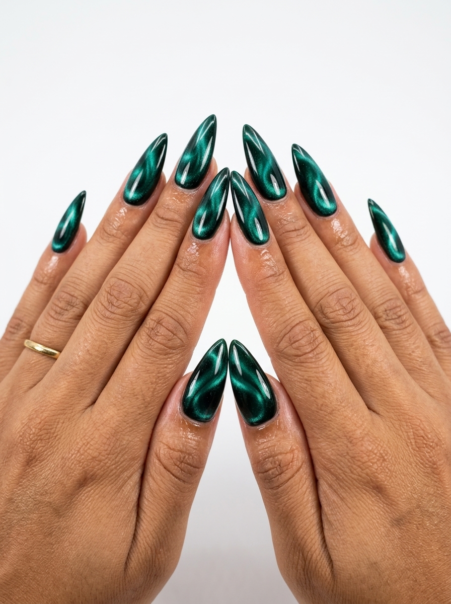 Pretty Green Nails 2026: Mysterious Emerald Cat-Eye Swirls Pretty green nails 2026: Sultry emerald green cat-eye nails with magnetic swirl effects for evening events.