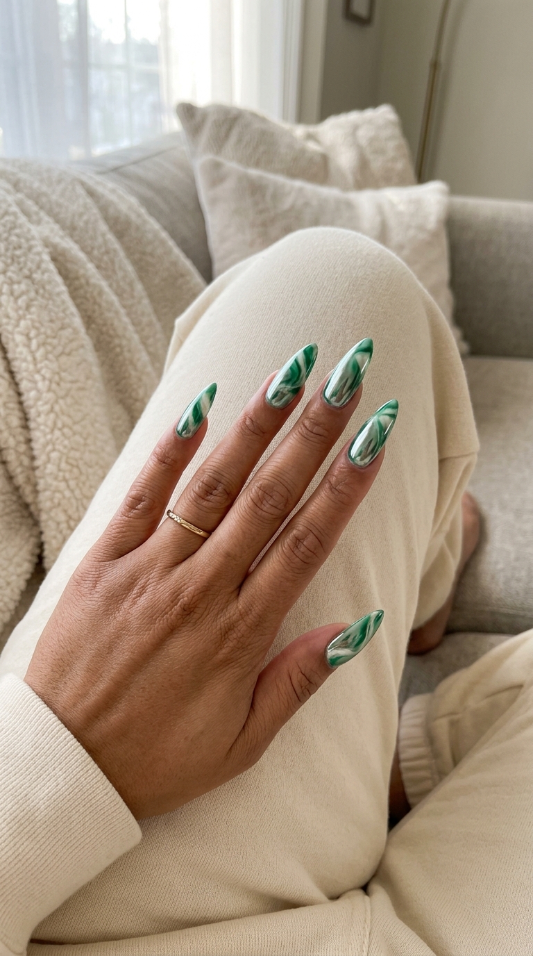 Pretty Green Nails 2026: Edgy Emerald Chrome Marble Pretty green nails 2026: Bold emerald green chrome marble nails with a futuristic sheen for parties.