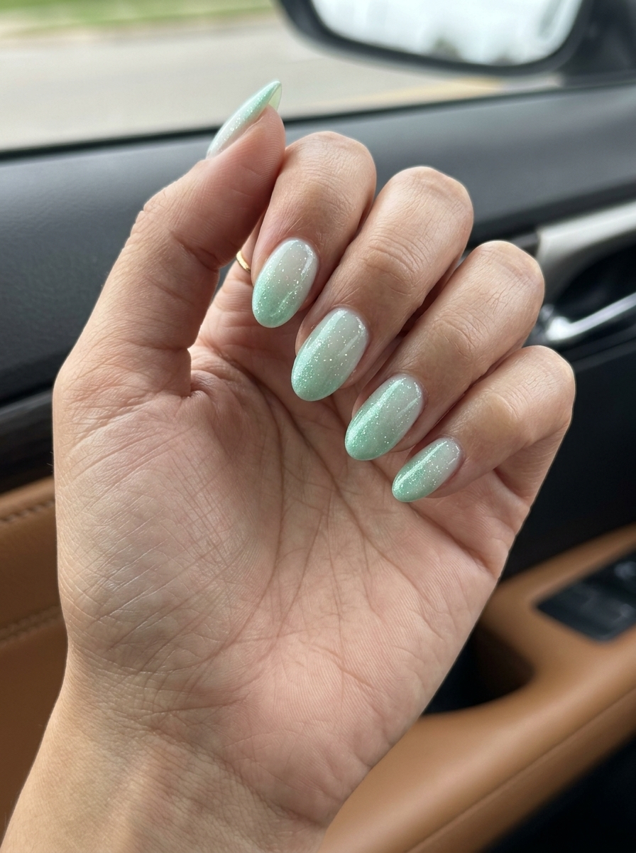 Pretty Green Nails 2026: Glitter Mint Gradient Pretty green nails 2026: Glitter mint green gradient, ideal for vacations, festivals, and spring events.