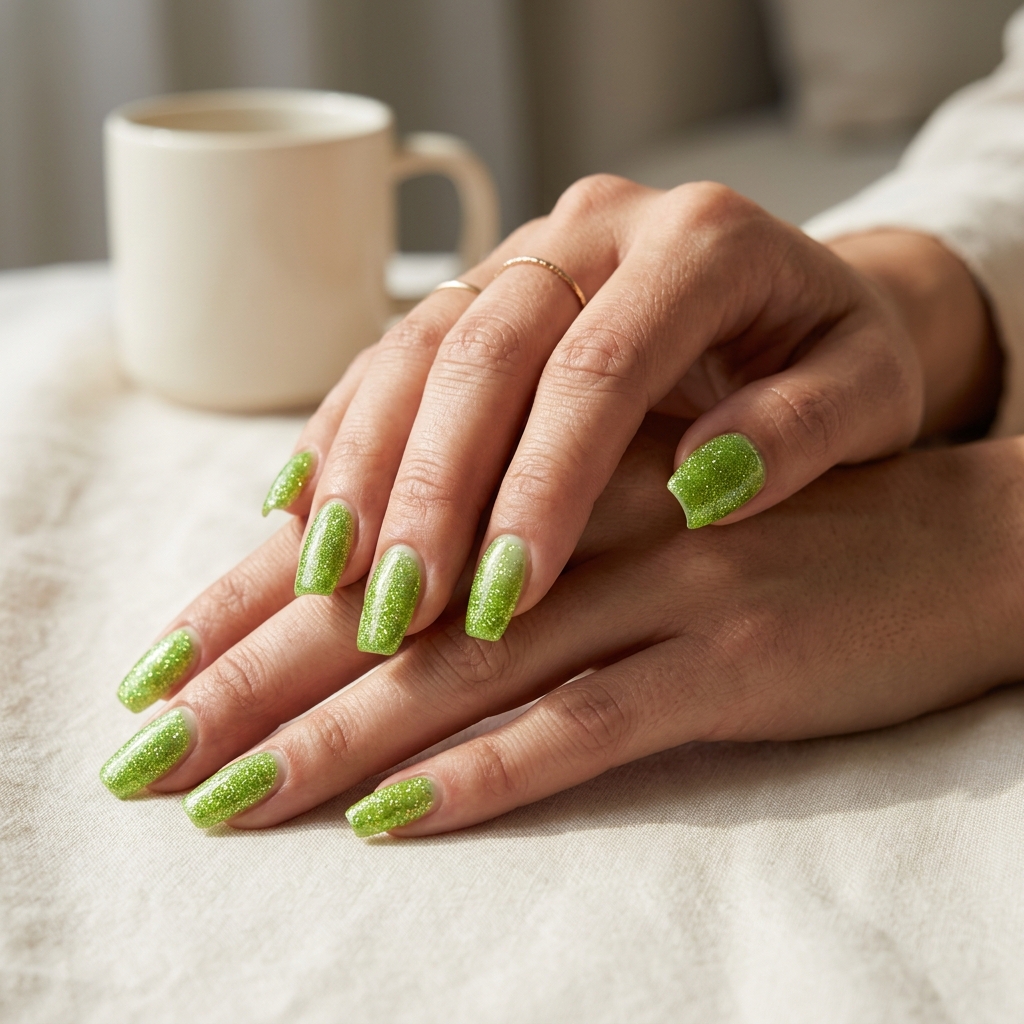 Pretty Green Nails 2026: Lime Glitter Flare Tips Pretty green nails 2026: Vibrant lime green glitter flare tips for festivals, concerts, and parties.