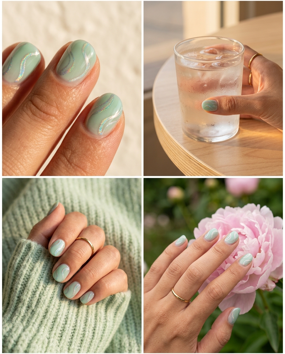 Pretty Green Nails 2026: Mint Holographic Swirls Pretty green nails 2026: Mint green with holographic swirls, fun for festivals and vacations.