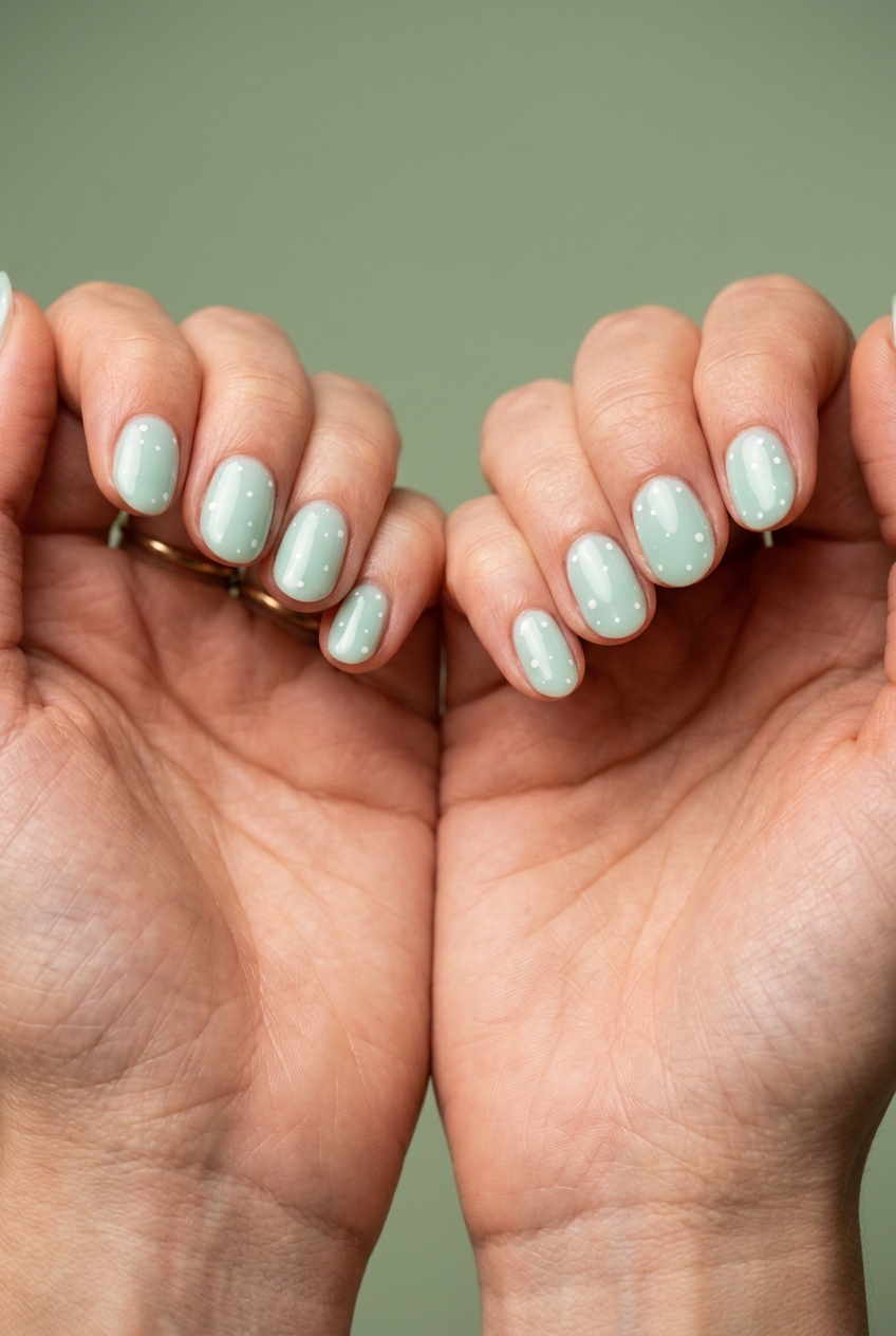 Pretty Green Nails 2026: Mint Milk Bath Dots Pretty green nails 2026: Milky mint green with opaque white dots, perfect for spring bridal showers or casual weekends.
