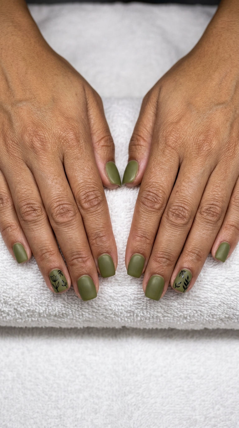 Pretty Green Nails 2026: Olive Botanical Decals Pretty green nails 2026: Olive green coffin nails with minimalist black botanical decals for bohemian style.