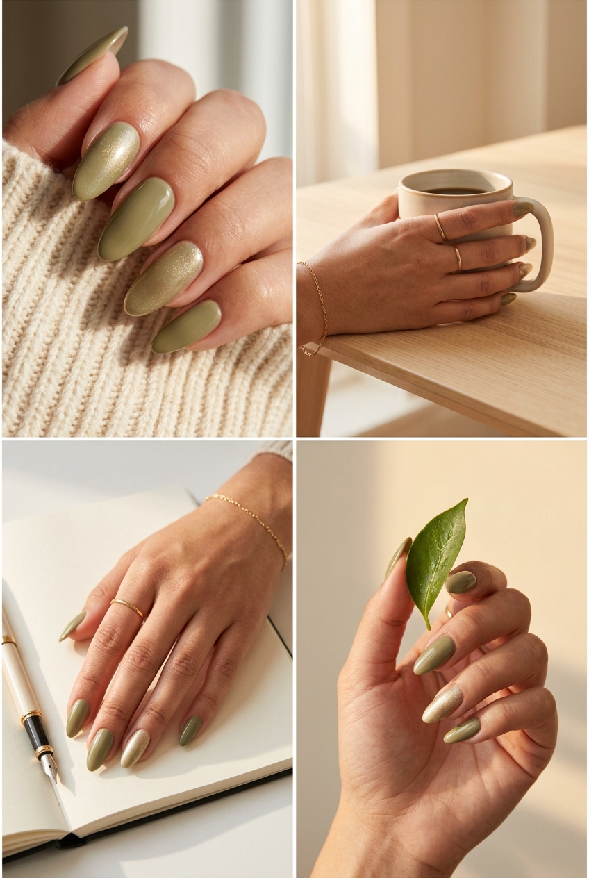 Pretty Green Nails 2026: Olive Green Shimmer Accent Pretty green nails 2026: Olive green with subtle gold shimmer accent, chic for daily wear and office.
