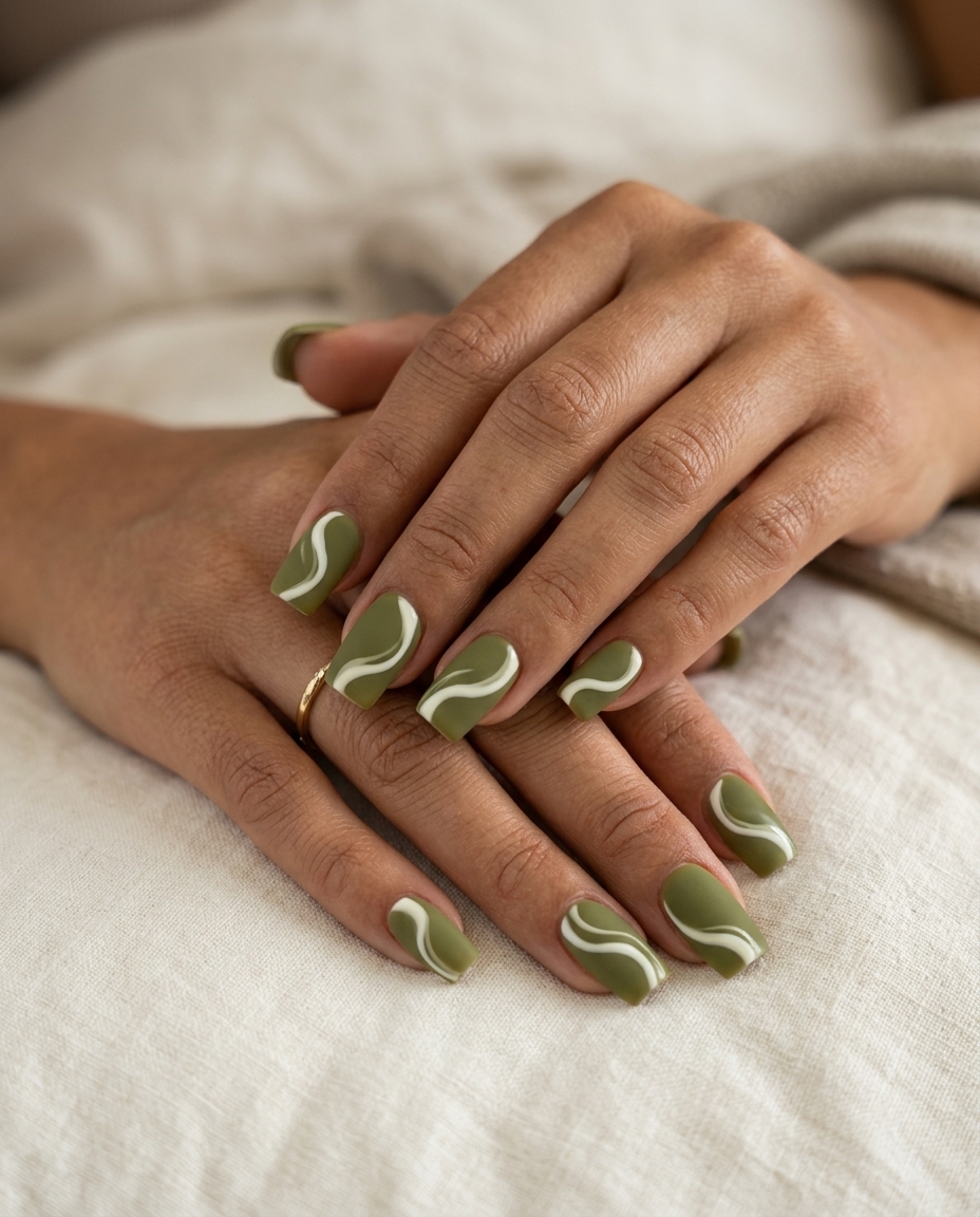 Pretty Green Nails 2026: Edgy Olive Matte Abstract Swirls Pretty green nails 2026: Olive green matte nails with edgy creamy white abstract swirls for casual or art events.