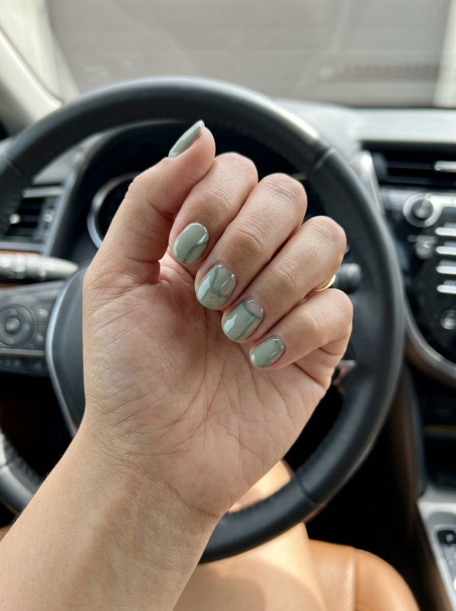 Pretty Green Nails 2026: Chic Sage Negative Space Lines Pretty green nails 2026: Minimalist sage green nails with negative space and dark line accents for work.