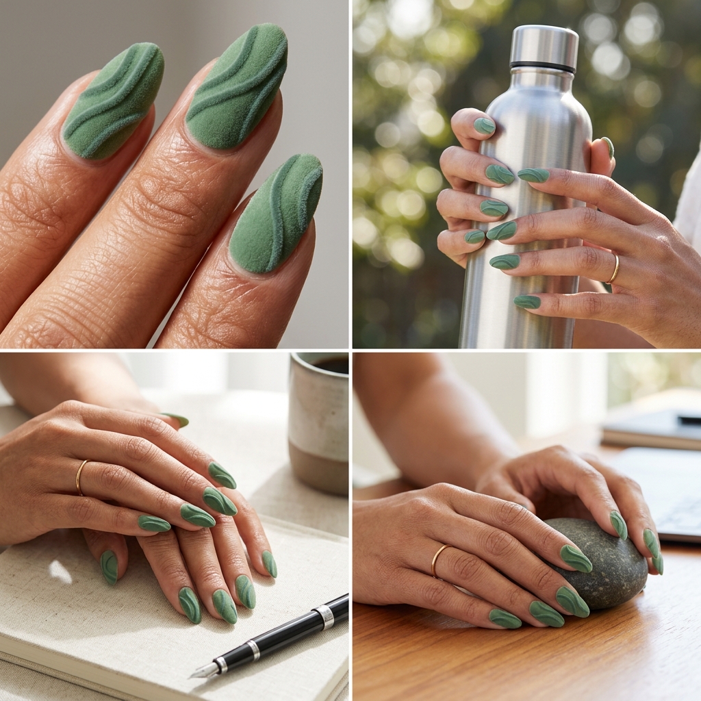 Pretty Green Nails 2026: Elegant Sage Velvet Line Nails Pretty green nails 2026: Sophisticated sage green squoval nails with minimalist dark velvet line accents.