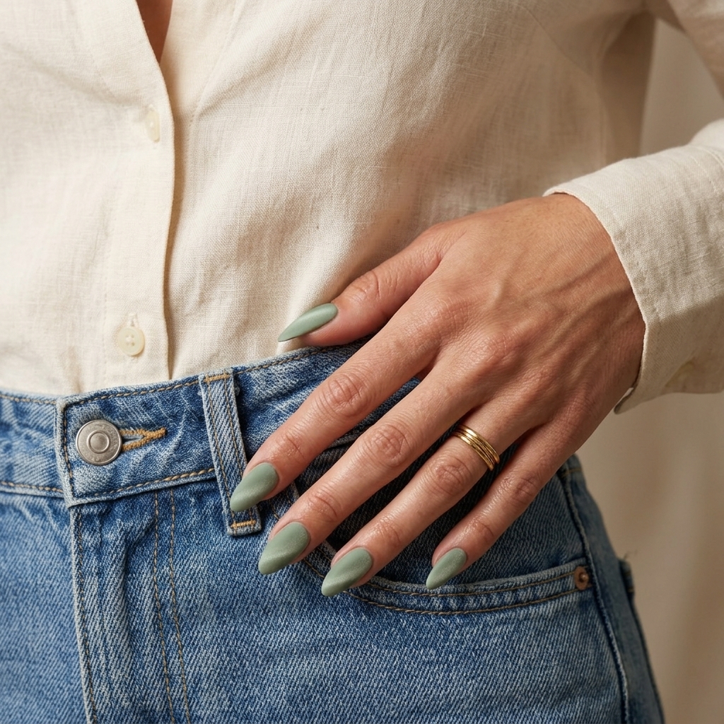 Pretty Green Nails 2026: Velvet Sage Almond Pretty green nails 2026: Muted sage velvet matte almond nails for sophisticated daily wear and work.