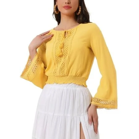 top Allegra K Women's Embroidery Lace Peasant Tie Neck Bell Sleeve Smocked Walmart - Tasharina Corp $29.99
